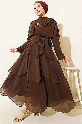 Omuz Şal Detaylı Etekli İkili Takım Kahve - HEWES