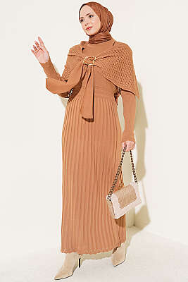 Omuz Şal Detaylı Triko Elbise Latte - EFSUN MODA
