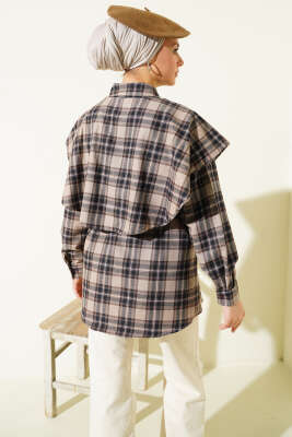 Omuz Şallı Ekoseli Gömlek Bej - Gömlek