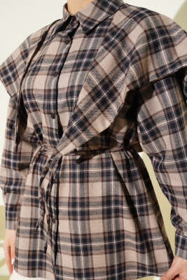 Omuz Şallı Ekoseli Gömlek Bej - Gömlek