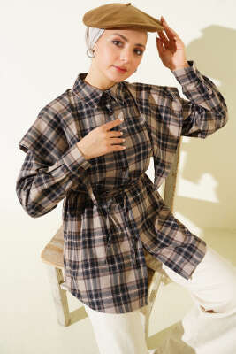 Omuz Şallı Ekoseli Gömlek Bej - VAV TEKSTİL