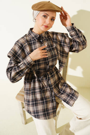 Omuz Şallı Ekoseli Gömlek Bej - Günün Seçilenleri