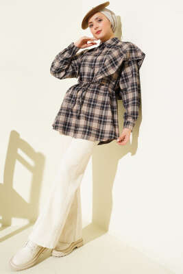 Omuz Şallı Ekoseli Gömlek Bej - Günün Seçilenleri