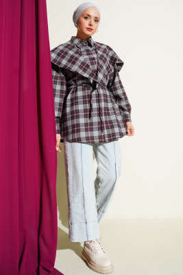 Omuz Şallı Ekoseli Gömlek Bordo - Gömlek