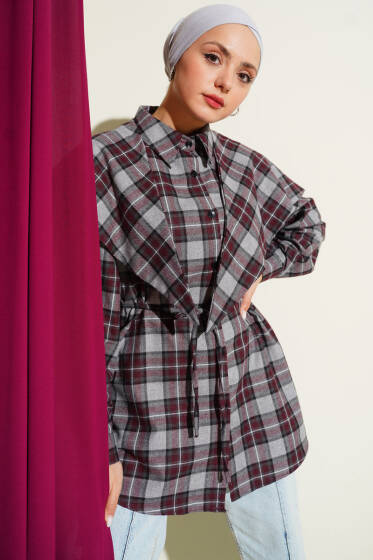 Omuz Şallı Ekoseli Gömlek Bordo - Günün Seçilenleri