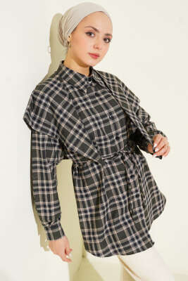 Omuz Şallı Ekoseli Gömlek Haki - VAV TEKSTİL