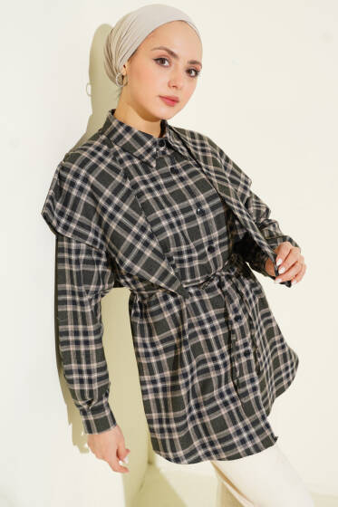 Omuz Şallı Ekoseli Gömlek Haki - Günün Seçilenleri