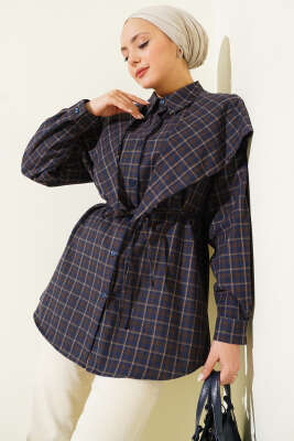 Omuz Şallı Ekoseli Gömlek Lacivert - VAV TEKSTİL