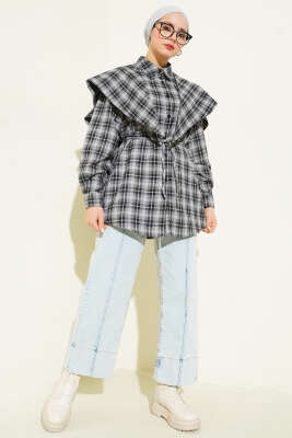 Omuz Şallı Ekoseli Gömlek Siyah - Gömlek