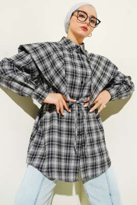 Omuz Şallı Ekoseli Gömlek Siyah - VAV TEKSTİL