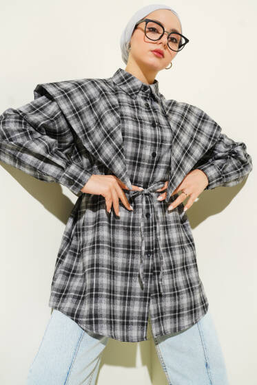 Omuz Şallı Ekoseli Gömlek Siyah - Günün Seçilenleri