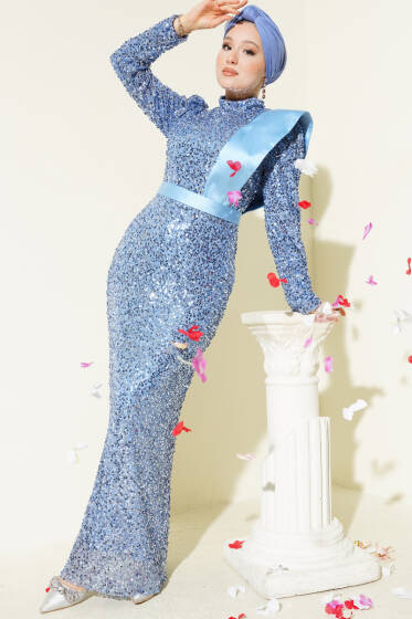 Omuz Saten Parçalı Pul Payet Abiye Elbise Bebe Mavi - Elbise