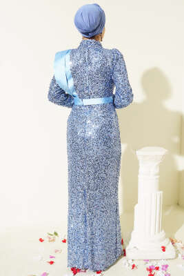 Omuz Saten Parçalı Pul Payet Abiye Elbise Bebe Mavi - Elbise