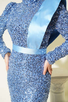 Omuz Saten Parçalı Pul Payet Abiye Elbise Bebe Mavi - Elbise