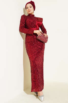 Omuz Saten Parçalı Pul Payet Abiye Elbise Bordo - Elbise