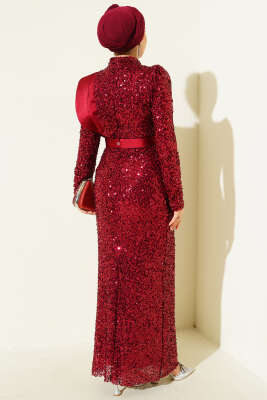 Omuz Saten Parçalı Pul Payet Abiye Elbise Bordo - Elbise