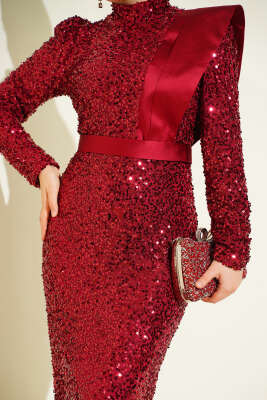 Omuz Saten Parçalı Pul Payet Abiye Elbise Bordo - Elbise