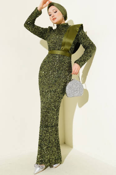 Omuz Saten Parçalı Pul Payet Abiye Elbise Haki - Elbise