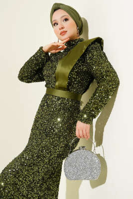 Omuz Saten Parçalı Pul Payet Abiye Elbise Haki - Elbise