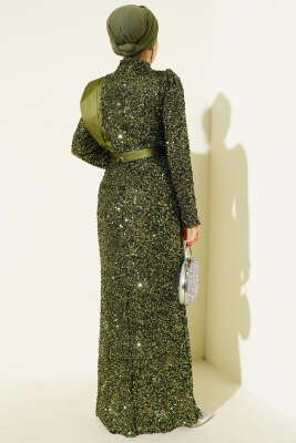 Omuz Saten Parçalı Pul Payet Abiye Elbise Haki - Elbise