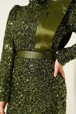 Omuz Saten Parçalı Pul Payet Abiye Elbise Haki - Elbise