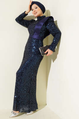 Omuz Saten Parçalı Pul Payet Abiye Elbise Lacivert - Elbise