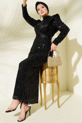 Omuz Saten Parçalı Pul Payet Abiye Elbise Siyah - CNR TEKSTİL