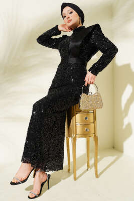 Omuz Saten Parçalı Pul Payet Abiye Elbise Siyah - Elbise