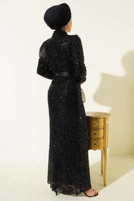 Omuz Saten Parçalı Pul Payet Abiye Elbise Siyah - Elbise