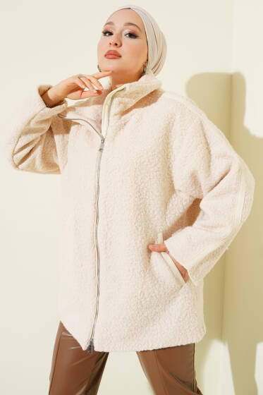 Omuz Şerit Biyeli Buklet Mont Bej - Mont