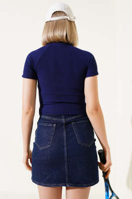 Omuz Şeritli Crop Lacivert - Kadın Giyim Modelleri