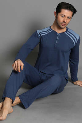 Omuz Şeritli Düğmeli Erkek Pijama Takımı İndigo