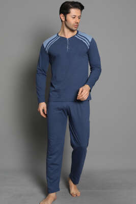 Omuz Şeritli Düğmeli Erkek Pijama Takımı İndigo - Kadın Pijama Takımı