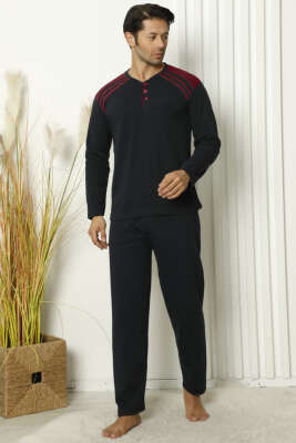 Omuz Şeritli Düğmeli Erkek Pijama Takımı Lacivert Bordo 