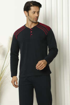 Omuz Şeritli Düğmeli Erkek Pijama Takımı Lacivert Bordo - Yılın Fırsatı