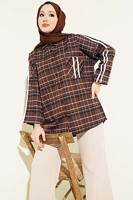Omuz Şeritli Ekoseli Gömlek Acı Kahve - HATUN