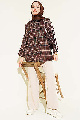 Omuz Şeritli Ekoseli Gömlek Acı Kahve - Gömlek