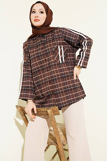 Omuz Şeritli Ekoseli Gömlek Acı Kahve - Yılın Fırsatı