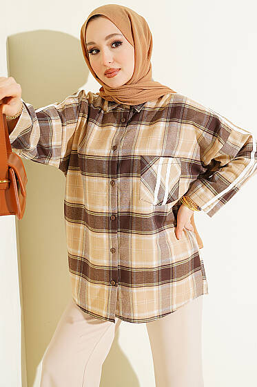 Omuz Şeritli Ekoseli Gömlek Bej - Gömlek