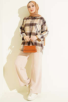 Omuz Şeritli Ekoseli Gömlek Bej - Gömlek
