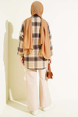 Omuz Şeritli Ekoseli Gömlek Bej - Gömlek