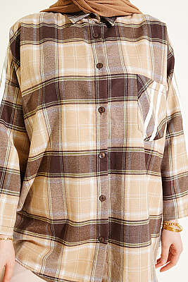 Omuz Şeritli Ekoseli Gömlek Bej - Gömlek