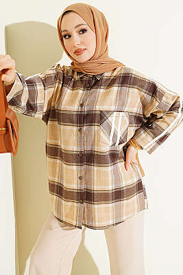 Omuz Şeritli Ekoseli Gömlek Bej - HATUN