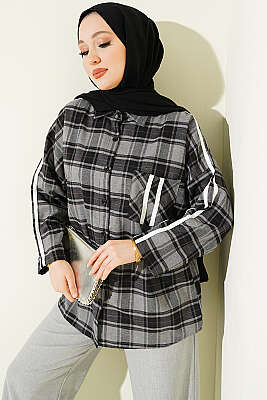 Omuz Şeritli Ekoseli Gömlek Füme - HATUN