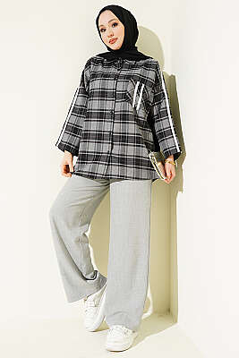 Omuz Şeritli Ekoseli Gömlek Füme - Gömlek