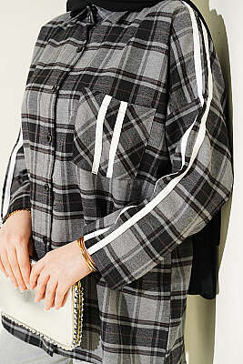 Omuz Şeritli Ekoseli Gömlek Füme - Gömlek