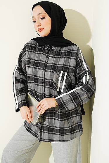 Omuz Şeritli Ekoseli Gömlek Füme - Yılın Fırsatı