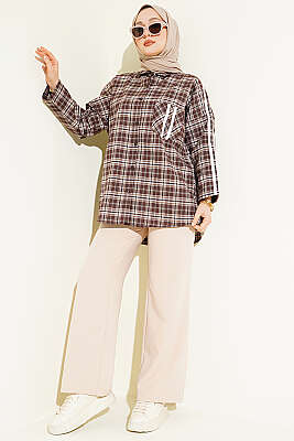 Omuz Şeritli Ekoseli Gömlek Kahve - Gömlek