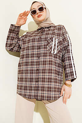 Omuz Şeritli Ekoseli Gömlek Kahve - HATUN
