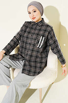 Omuz Şeritli Ekoseli Gömlek Siyah - HATUN